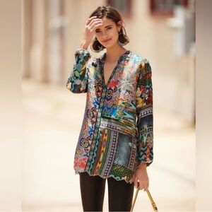 Johnny Was Multicolor Bohemian blouse 100% silk medium (Flawed)